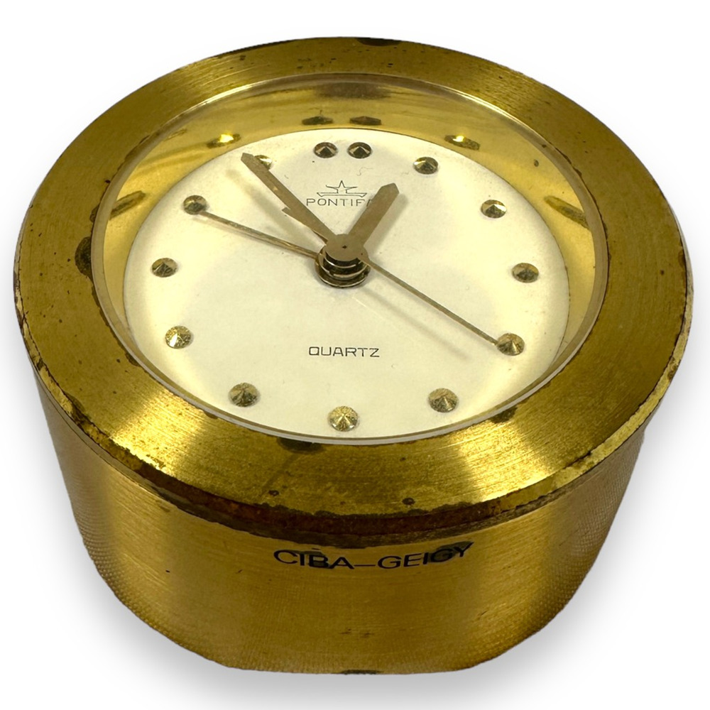 Vintage Portifa Ciba-Geigy Porthole Style Alarm Clock Swiss Brass Paperweight